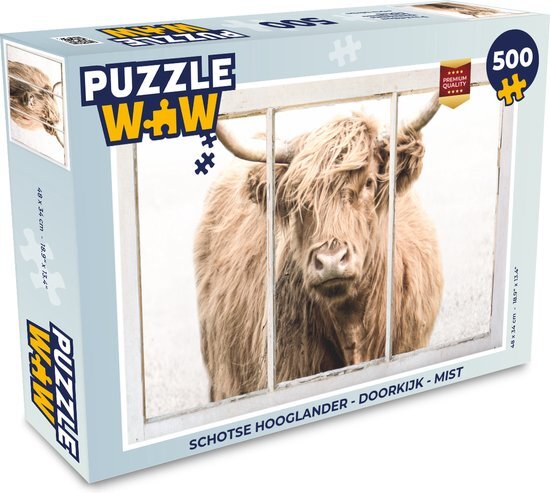 MuchoWow Puzzel Schotse hooglander - Doorkijk - Mist - Legpuzzel - Puzzel 500 stukjes