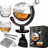 MikaMax Globe Whiskey Decanter Set - 900 ML - Includes 2 Whiskey Glasses and Whiskey Stones - Brown
