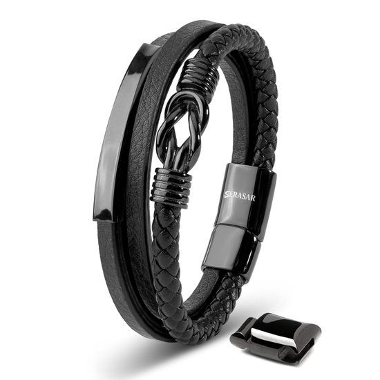 SERASAR Echte Leren Armband Heren [Proud] - Zwart 20cm