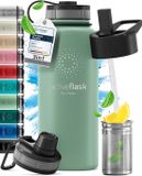 bemaxx Drinkfles RVS Thermosfles ACTIVE FLASK + Strohalm (3 Drinkdoppen), BPA-Vrij + Lekvrij | 950ml, Sage