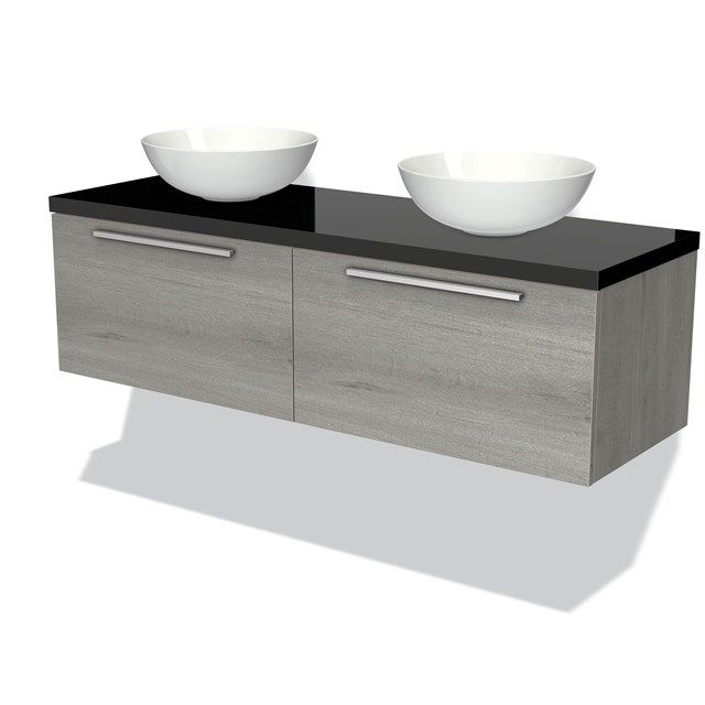 Maxaro Badkamermeubel voor Waskom 140cm Modulo Plato Grijs Eiken 2 Lades Vlak Hoogglans Zwart Blad