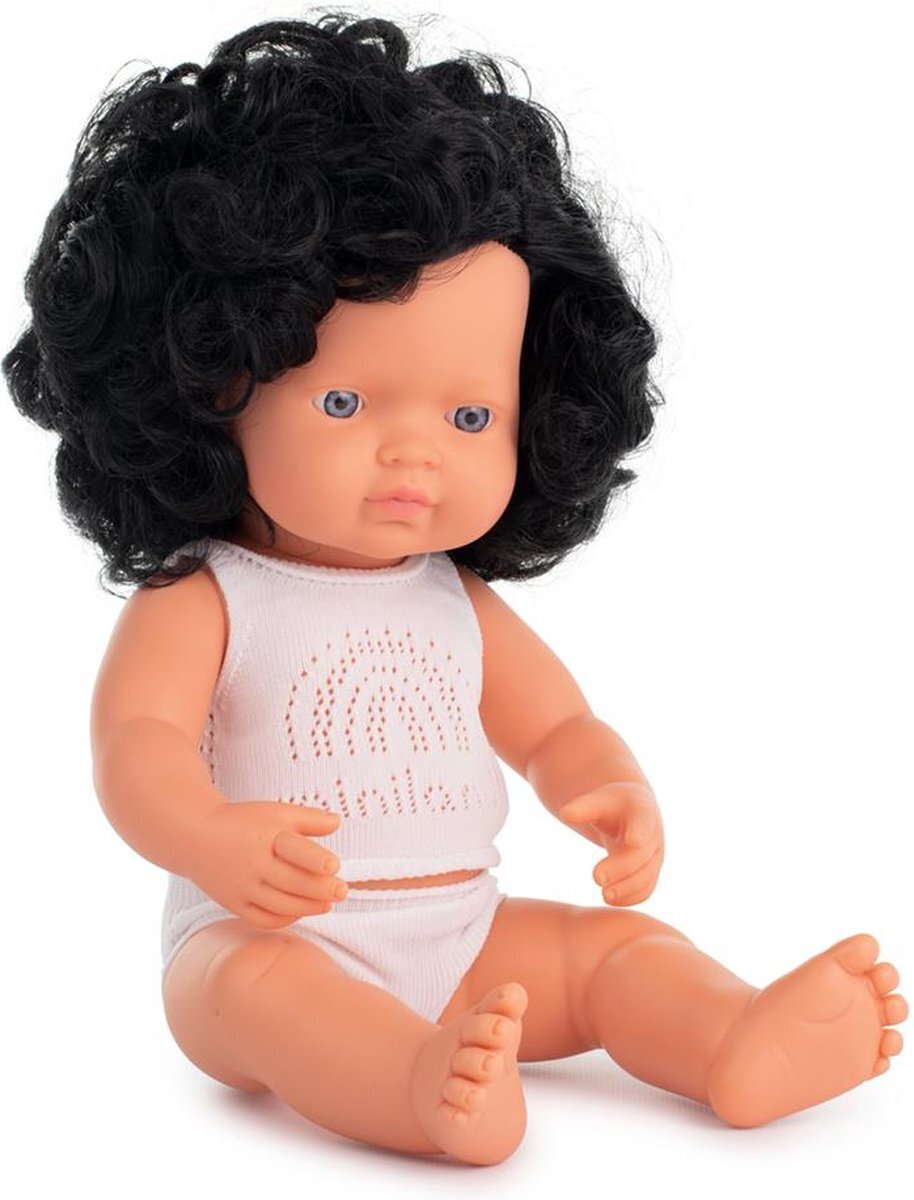 Miniland Blank babymeisje donker krullend haar (38 cm)