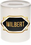 Bellatio Decorations Shoppartners Bv Spaarpot met voornaam Wilbert - wit - met goud/zwart embleem - 8 x 9 cm - keramiek - met afsluitdop - cadeau verjaardag
