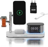 MMOBIEL Draadloze Oplader 5-in-1 met Wekker, Bluetooth Speaker & LED Nachtlamp Geschikt voor MagSafe – 25W Qi2.2 Magnetisch Draadloos Oplaadstation Geschikt voor Smartphone, Smart Watch en Oordopjes – Wit