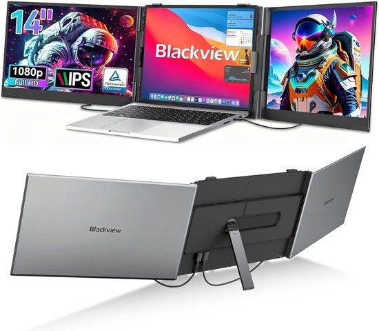 Blackview DCM6 Portable Monitor - 14" Dual Screen - Portable Screen - Portable Monitor for Laptop 13"-17.3" - Laptop Screen Extender - - Extra laptop screen - Plug & Play - Includes cables and protective case - Grey