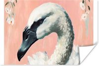 PosterMonkey Poster Zwaan - Dieren - Bloemen - Pastel - Wit - 30x20 cm
