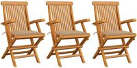 vidaXL Tuinstoelen met kussens, 3 stuks, massief teakhout, beige