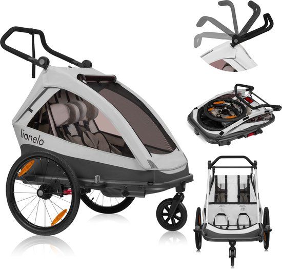 Lionelo Cama 2in1 - Fietsaanhanger en Wandelwagen voor 2 persoons - Zwart - All-Terrain fietskar - Hardloopkinderwagen - Verstelbare Vering - Waterafstotend - Inclusief Accessoires - Opvouwbaar - Tot 2x22kg of 6 jaar - Voor E-Bikes en Normale Fietsen