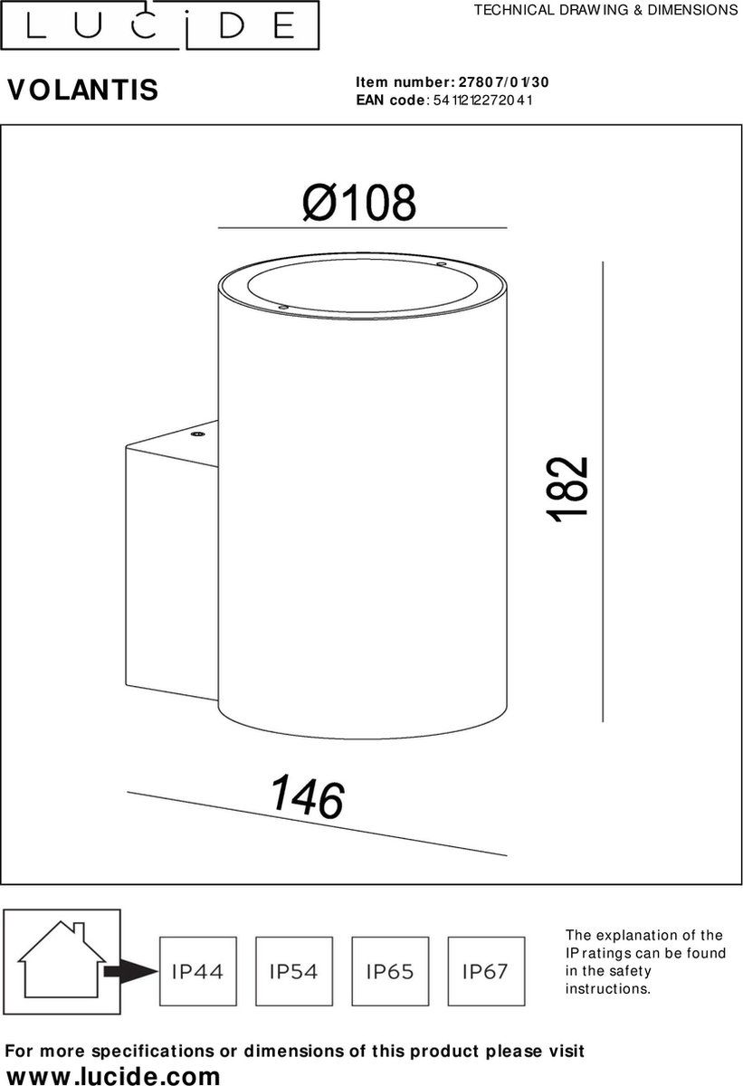 Lucide VOLANTIS - Wandspot Buiten - 1xE27 - IP54 - Zwart - Aluminium - Zwart
