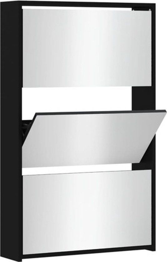 vidaXL Schoenenkast - met - spiegel - 3-laags - zwart - 63x17x102,5 - cm
