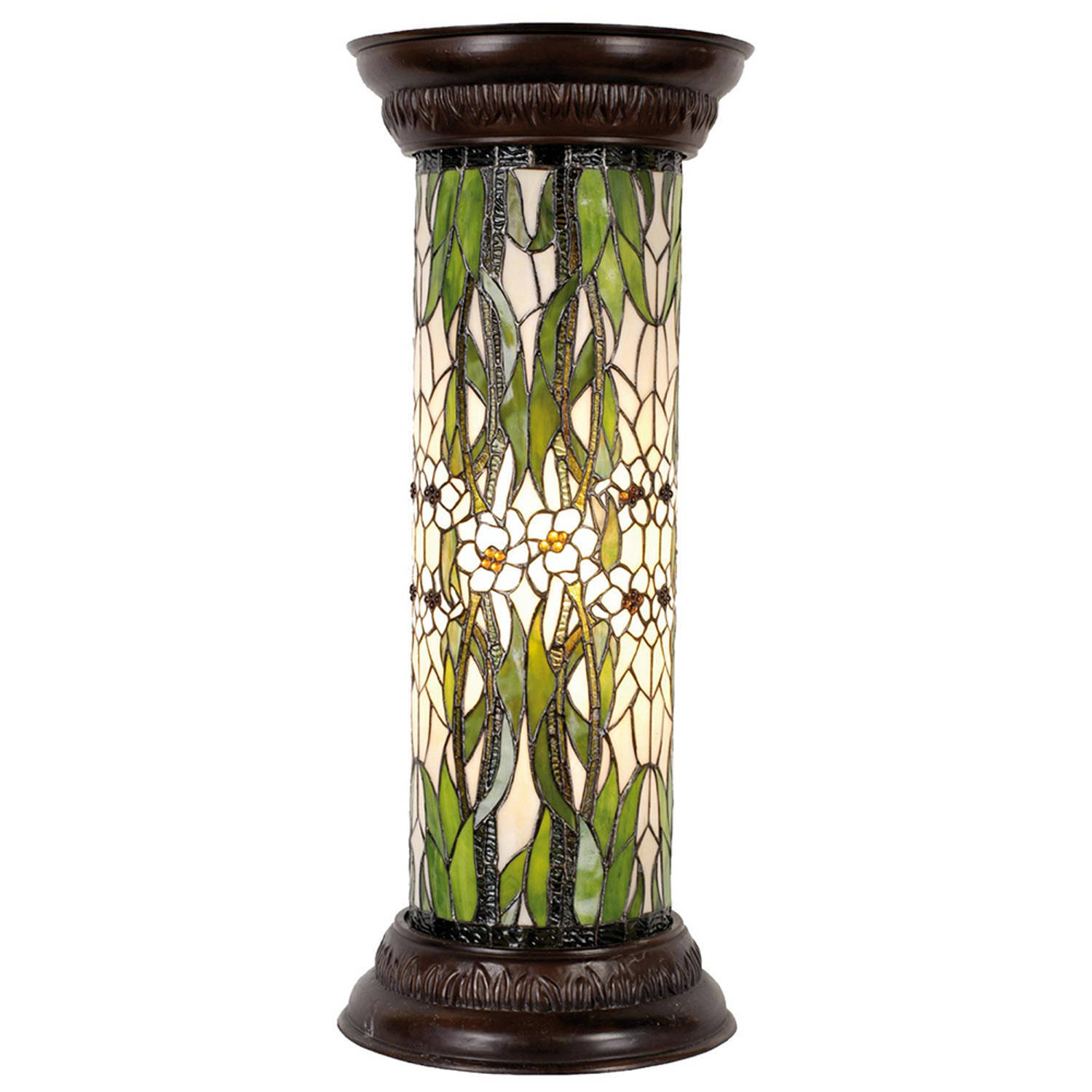 Clayre & Eef lumilamp zuil tiffany ø 31x78 cm groen wit glas rond bloemen bureaulamp tiffany lamp zuil sierlamp groen bureaulamp