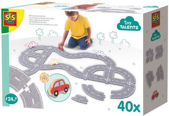 SES Creative – Tiny Talents - Vilten Wegenbouw 40 Stuks met Auto - Speelset voor Kinderen vanaf 24 Maanden