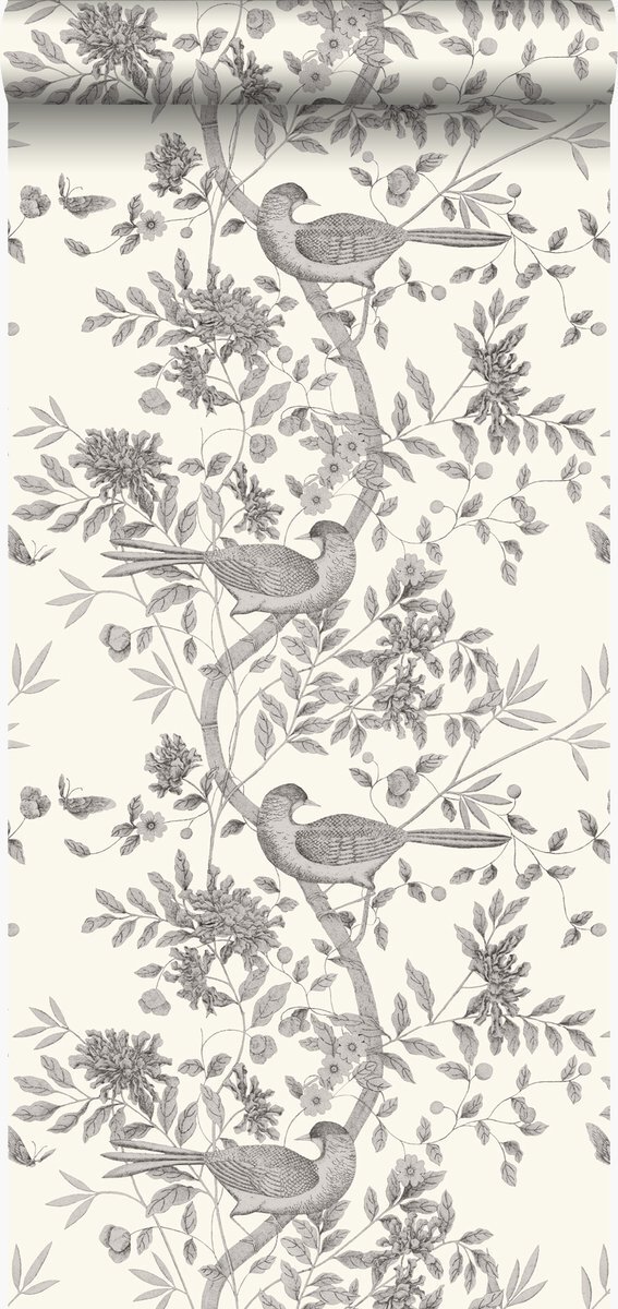 Origin Wallcoverings behang vogel gravure ivoor wit en grijs - 347456 - 53 cm x 10,05 m