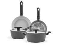 H&H by Bruno Barbieri Explore Kookgerei, set van 6, aluminium met antiaanbaklaag, koekenpannen en ovenschotels, glazen deksel met siliconen, geschikt voor alle kookplaten