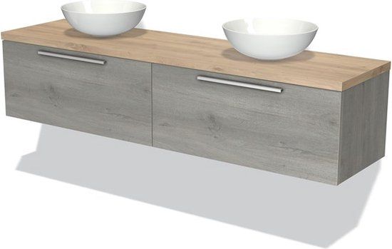 Maxaro Modulo Plato Badkamermeubel voor Waskom 180cm Grijs Eiken 2 Lades Lichtbruin Eiken Blad