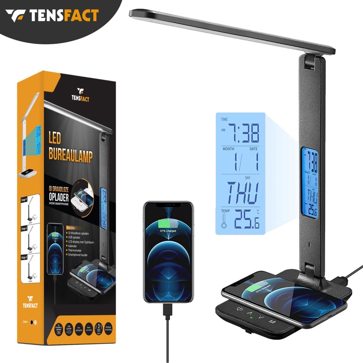 Tensfact Tensfact® Bureaulamp Tafellamp Nachtlamp Leeslamp & LED Lamp - Shady Black - Led Verlichting - Wireless Charger - Qi Draadloze Oplader - Verstelbaar Kantoorlamp