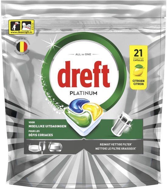 Dreft Vaatwastabletten Platinum All In One Citroen - 6 x 21 stuks - Voordeelverpakking