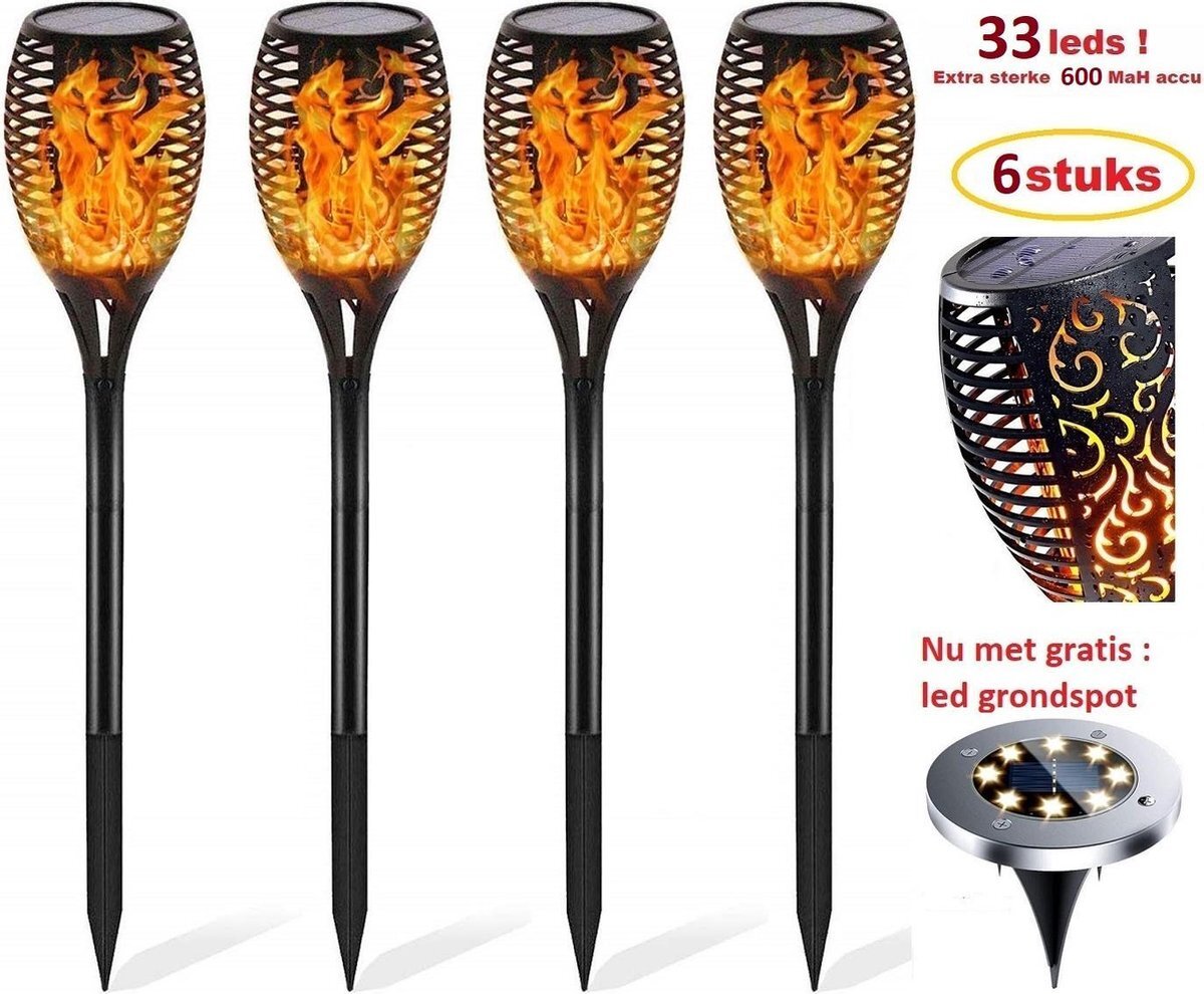 Solar tuinverlichting op zonne energie tuinfakkels Set 6 stuks lantaarn buitenverlichting tuinfakkels 33 led buiten tuinlamp 58cm met Gratis Led grondspot