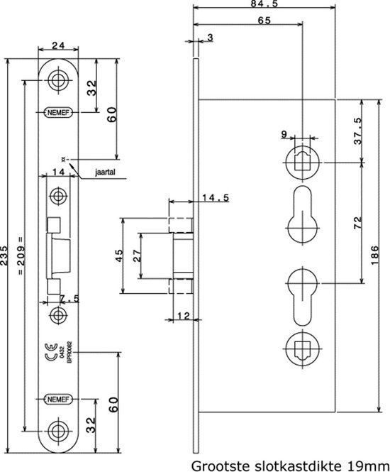 Nemef Deurslot - dag - en nachtschoot - 24 x 235 mm - RVS - doornmaat 65 mm - PC 72 - 1739/27