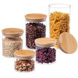 KADAX Glazen container met bamboedeksel, vaatwasmachinebestendige voorraadpotten, luchtdichte voorraaddozen, opbergglas, opbergdoos voor spaghetti, meel, muesli of koffie (set van 5)