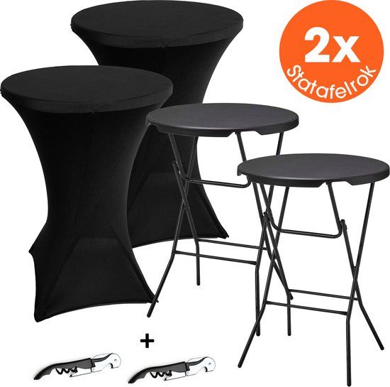 Lenx 2x Zwarte Statafel Set - ø80cm - Inklapbaar - Incl. 2x Tafelrok & Wijnopener