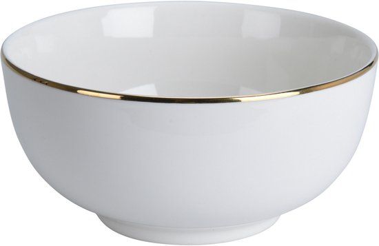 Excellent Houseware Koopman International Kommetje/serveer schaaltje - wit met gouden rand - D14 x 7 cm - porselein - ontbijt/hapjes - stapelbaar - Soepkommen
