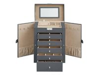 JOYFURNOS Boîte à bijoux à 6 niveaux avec 5 tiroirs, grande capacité, miroir, verrouillable, organisateur, cadeau pour les proches, pour montres, gris