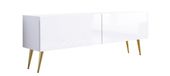 Meuble TV : blanc mat / blanc brillant, pieds dorés, 140 x 52 x 32 cm