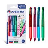 OSAMA, Set van 4 gekleurde verchroomde pennen, 4 stuks, 1,0 mm veelkleurige balpen met zwarte inkt, blauw, rood en groen, ideaal voor schrijfwaren en schrijfwaren op school, universiteit en kantoor