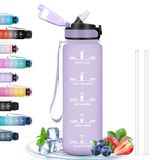 Waterfles, 1 liter, gemakkelijk te dragen, lekvrije sportfles met rietje voor volwassenen, drinkfles met tijdschema's voor drinken, voor sport, fietsen, wandelen, yoga, paars