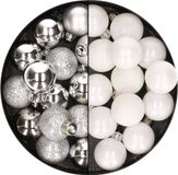 Merkloos / Sans marque Kaemingk B.V. 28x stuks kleine kunststof kerstballen wit en zilver 3 cm