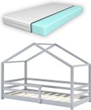 In And Outdoormatch Kinderbed Toni - Grenen - Huisbed - Met matras en valbescherming - 70x140 cm - Lichtgrijs