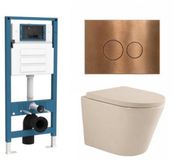 QeramiQ Dely Toiletset - inbouwreservoir Qeramiq Flush - 35mm zitting - metaal koperen bedieningsplaat - ronde knoppen - beige
