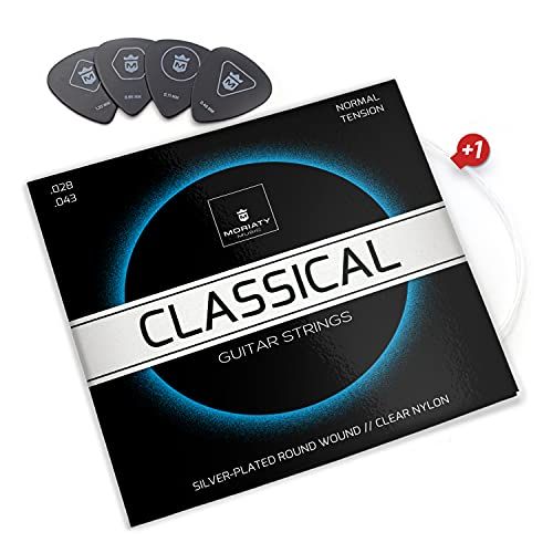 MORIATY Gitaarsnaren concertgitaar, snaren voor klassieke gitaar van nylon en zilver, akoestische gitaar (set van 7 snaren) | Inclusief: 4 plectrums + extra hoge E-snaren