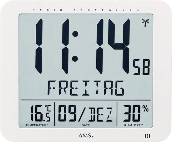 AMS 5886 Digitale Wandklok - Radiogestuurd - Wit - 25 cm