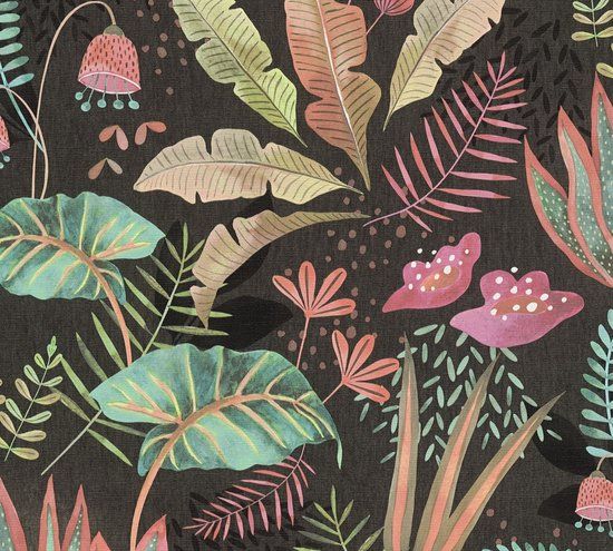 Living Walls SPEELSE BLADEREN BEHANG | Botanisch - Meerkleurig Zwart Groen Roze Oranje - Vliesbehang