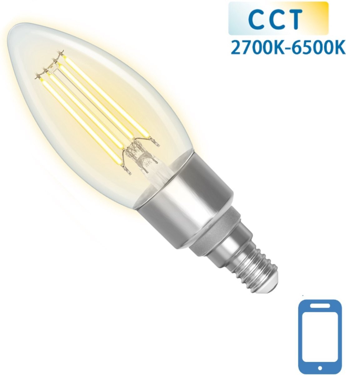 Aigostar Kaarslamp E14 4.5W WiFi + Bluetooth CCT 2700K-6500K | Smartlamp C35 - warmwit - daglichtwit filament LED ~ 470 Lumen - helder glas - 230 Volt