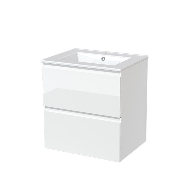 Maxaro Badkamermeubel 60cm Modulo Hoogglans Wit 2 Lades Greeploos Wastafel Keramiek