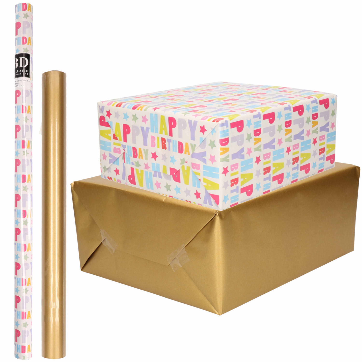 Bellatio Decorations 4x Rollen kraft inpakpapier happy birthday pakket - goud 200 x 70/50 cm - cadeau/verzendpapier