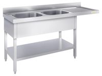 GOLDINOX RVS spoelbak voor vaatwasser, 2 bakken, 2000x700 mm, met afvoerbak aan de rechterkant, PREMIUM