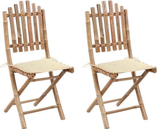 vidaXL Opklapbare Tuinstoelen (2 stuks) met Kussens, Bamboe, Crème