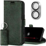 SURAZO Klaphoesje met magneetsluiting voor Apple iPhone 16 Plus, van leer, met kaartenvak, RFID-bescherming, camerabescherming, portemonneehoes (groen)