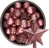 Decoris Kerstballen 37x stuks 6 cm - met ster piek - oudroze - kunststof