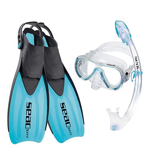 Seac Unisex Jeugdset Sprint Droog Pakket met duikmasker, snorkel en open hak Vinnen, voor kinderen en volwassenen, blauw, 8½-10½UK