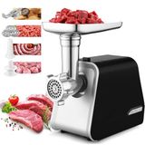 Elektrische vleesmolen, 2000 W, professioneel, 4-in-1, met opbergdoos, worstmachine, 3 roosters, kibbeh set en accessoires voor koekjes, huishoudelijk gebruik, zwart