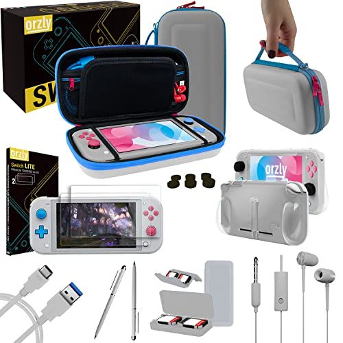 Orzly Switch Lite Accessoiresbundel - Hoesje en schermbeschermer voor Nintendo Switch Lite-console, USB-kabel, gamehouder, comfortabele grip-hoes, hoofdtelefoon, duimgreeppakket en meer - Z&Z