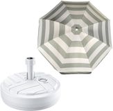 Merkloos Tuin parasol met voet van 10 liter - zilvergrijs/wit strepen - polyester/kunststof - Dia 180 cm - verstelbaar - Voet plastic wit met D39 cm