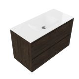 Saniclass Holz Pure Badkamermeubelset - 100x45x61.5cm - Flow solid surface wastafel wit - 1 wasbak - zonder kraangat - 2 lades - mat eiken charcoal (hout) SW1420788/SW1224149