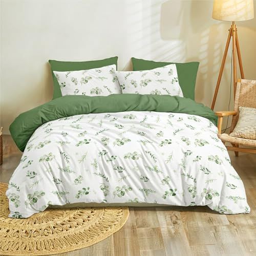 Dreamzie dekbedovertrek 240 x 260 cm met 2 kussenslopen 65 x 65 cm, saliegroen botanisch patroon, beddengoedset 240 x 260 bladmotief, tweepersoonsbedlinnen met ritssluiting, Oeko TEX