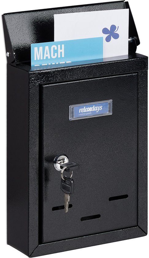 Merkloos Wandbrievenbus - met naambordje - metaal - slot - 2 sleutels - 26,5 x 19 x 6,5 cm - zwart
